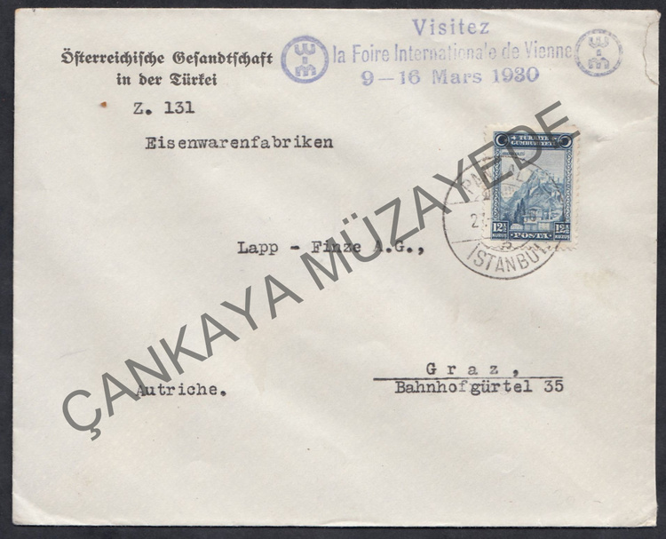 1930 5 Londra 12k pullu Avusturya Bykelilii antetli Fuar flaml Avusturyaya gnderilmi zarf | Çankaya Müzayede | Cumhuriyet