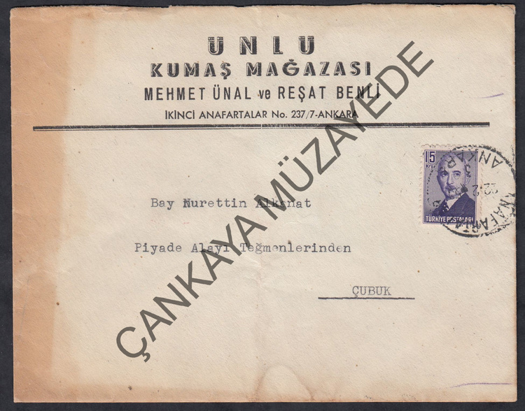 nl Kuma Maazas  Mehmet nal ve Reat Benli  Ankara antetli ierisinde mektup vardr AnafartalarAnkara damgal postadan gemi zarf | Çankaya Müzayede | Ankara  Antet