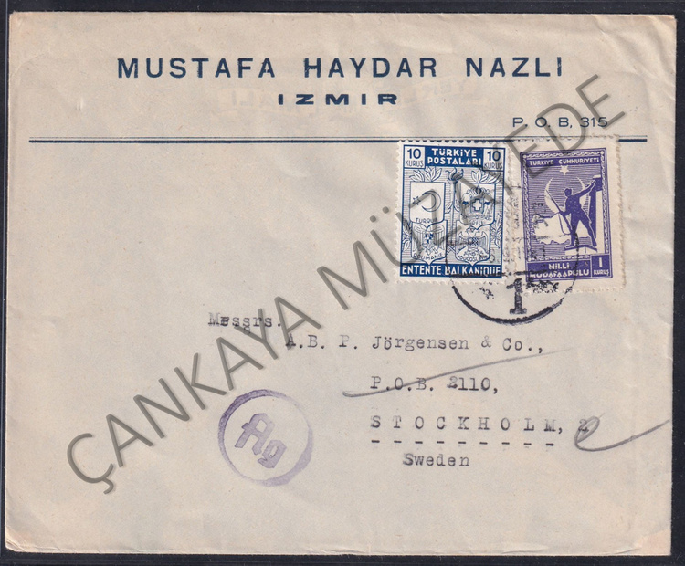 1941 Balkan Antant 10k ve Milli Mdafaa 1k pullu Mustafa Haydar Nazl  zmir antetli ZMR1 damgal svee gnderilmi zarf | Çankaya Müzayede | Cumhuriyet