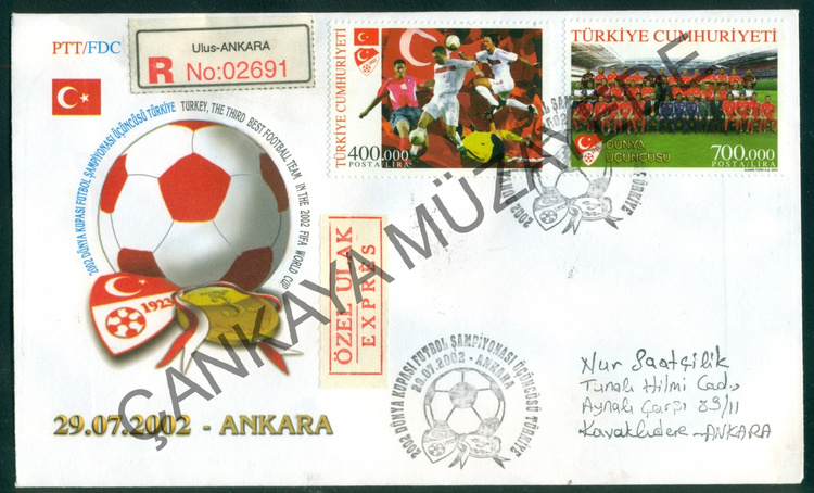 2002 Dnya Kupas Futbol ampiyonas ncs Trkiye ISF 371415 taahhtl postadan gemi FDC | Çankaya Müzayede | Cumhuriyet