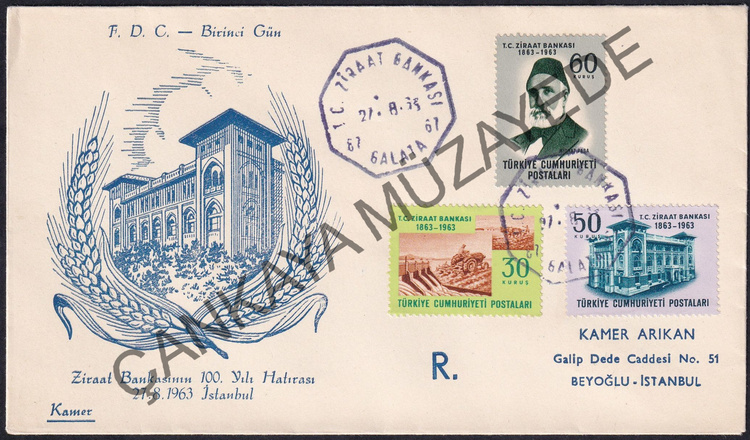 1963 Ziraat Bankasnn 100 Yl FDC SF 226365 Kat 1000 | Çankaya Müzayede | Cumhuriyet