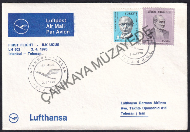 1970 Lufthansa stanbulTahran ilk uu zel damga Lufthansa | Çankaya Müzayede | lk Uu