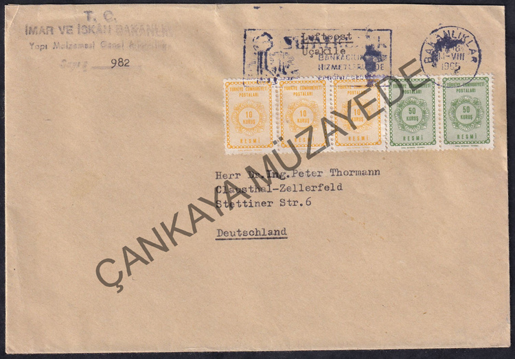 1965 Resmi 3x10k ve 2x50k pullu Bakanlklar damgal TC mar ve skan Bakanl Yap leri Genel Mdrl antetli Almanyaya gnderilmi SMERBANK flaml zarf | Çankaya Müzayede | Cumhuriyet