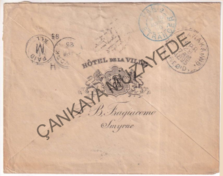 1895 4x10p pullu zmir AP05 No 35 damgal Hotel de la Ville F B Fragiacomo  zmir  antetli ABDye gnderilmi zarf | Çankaya Müzayede | Osmanl  Otel