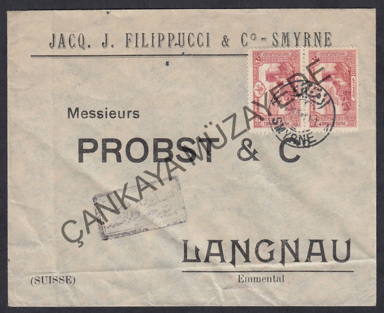 1915 zmir 2 damgal 1914 20p per pullu Jacq J Filippucci  Co  zmir antetli svireye gitmi sansr kaeli zarf | Çankaya Müzayede | Osmanl