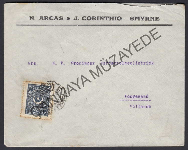 1925 N ARCAS  J CORINTHIO  zmir antetli 10k ayyldz pullu Hollandaya gitmi zarf | Çankaya Müzayede | Cumhuriyet